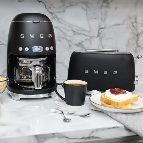 Image of Smeg 50's Retro Style Aesthetic Drip Coffee Machine with 10 Cup Glass Carafe, Auto Start Feature, Keep Warm Plate, and Two Coffee Strength Settings (Matte Black)