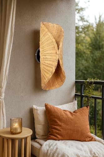 Image of AKWAY Rattan wall Lamps for Living Room | Bamboo wall Lights for Bedroom | Cane wall scones for Home Decoration (Wicker Upside Down)