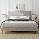Mxhtcewz King Size Linen Bed Frame, Upholstered Platform Bed Frame with Adjustable Headboard, Wooden Slats Support, No Box Spring Needed, Easy Assembly, Beige