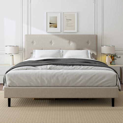 King Size Upholstered Bed Frame with Adjustable Headboard