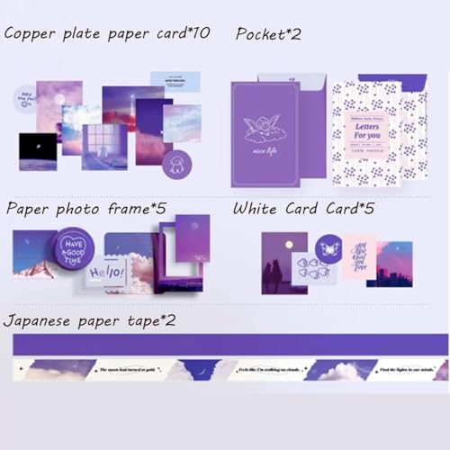 Image of 346Pcs Paper Vintage Aesthetic Scrapbook Kit Scrapbooking Supplies Kit With Bullet Junk Journal, Stationery, Washi Stickers A6 Grid Notebook Journaling Gift For Girl (The Moon, Purple)