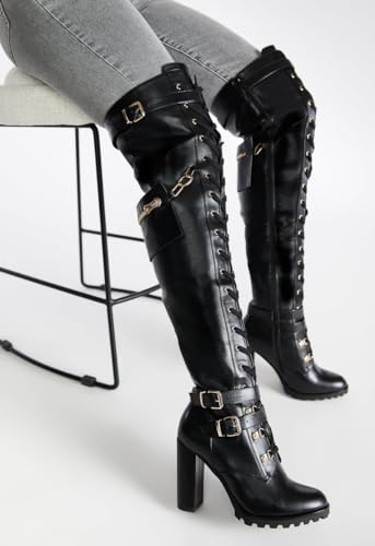 Yishaweiqi Buckle Strap Wide Calf Thigh High Boots for Women Chunky Block High Heel Over The Knee Boots Lace up Riding Combat Boots Ladies Side Zipper Tall Long Boots4