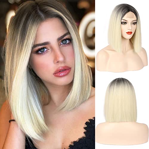 Blonde Wig Ombre Color Short Straight Bob Wigs For Women Blonde Wig With Dark Roots Middle Part Shoulder Length Synthetic Cosplay Party Wig Colored Wigs For Women Girls #TOP12