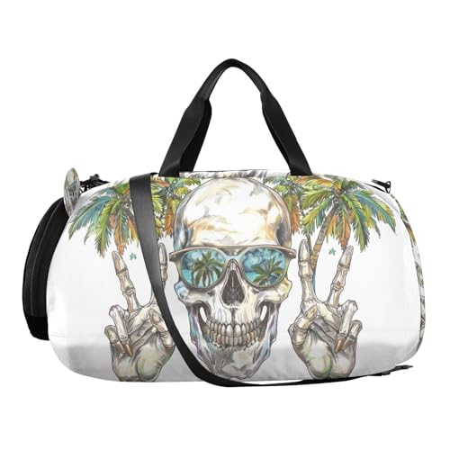 Duffle Bag for Boys or Girls with Shoes Compartment, Skull Wearing Sunglasses Palm Sports Travel Bag Overnight2