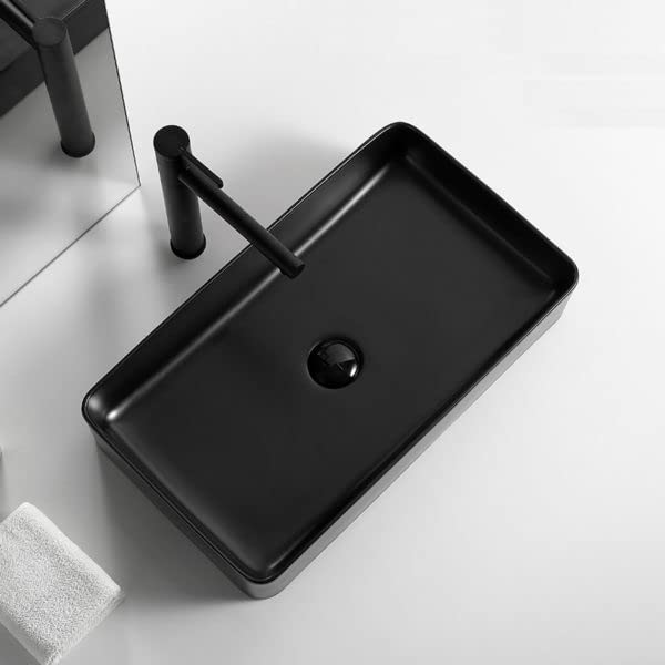 Eurotrend-US Valencia Rectangular Counter Basin - Modern Design, Porcelain Ceramic, Multiple Color Options - Without Pop-Up Sink Drain - Matt Black