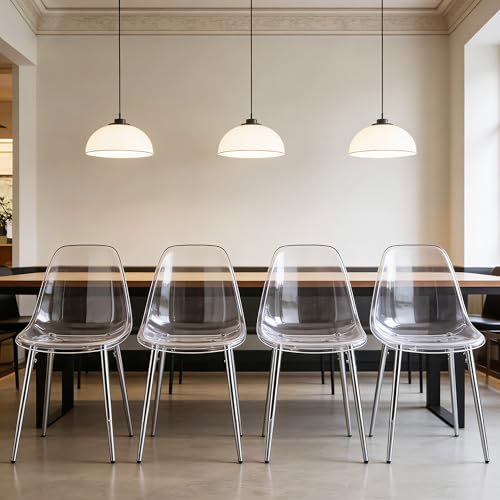PLLBIKK Lot de 4 chaises de salle à manger en acrylique transparent - Pieds argentés fins - Design sans bras - Pour cuisine, salle à manger et Gardon -...