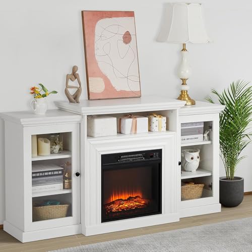 White Farmhouse Fireplace TV Stand With 3-D Real Flame Electric Fireplace for 65/75 Inch TV, 31' Tall Highboy Entertainment Center, Console With 2 Glass Doors & Open Shelf for Living Room