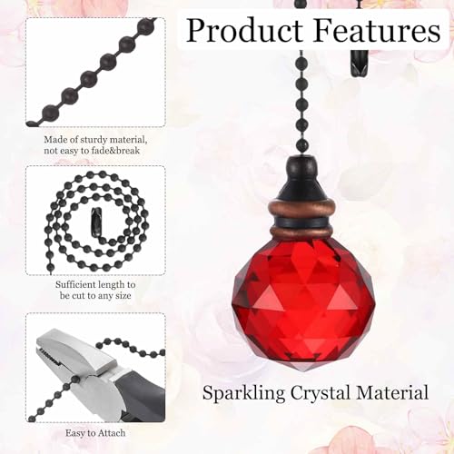Image of MECCANIXITY 2Pack Ceiling Fan Pull Chain, 12 Inch Decorative Ornaments Crystal Pendant Pull Chain Extension for Ceiling Fans Light Lamp, Red