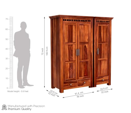 Image of Rajotiya FurnitureSheesham Wood 3 Door Wardrobe Storage with 3 Drawers Wooden Multipurpose Almirah for Home Living Room - Natural Finish| (I-Hony)