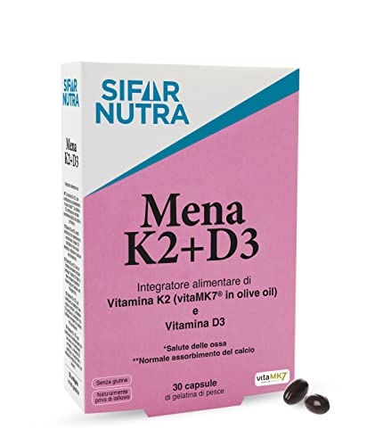 Sifar Nutra Mena K2+D3 | VitaMK7 (vitamina K2 en aceite de oliva) | 100 μg Menaquinona-7 | Vitamina D3 1000 IU | suplemento para los huesos, dientes y músculos | absorción del calcio | 30 cápsulas Cover