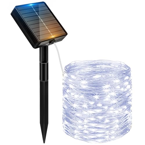 Peasur Solar Lichterkette Aussen, 12M 120 LED Solarlichterkette Außen Wetterfest, 8 Modi IP65 Wasserdicht Kupferdraht Lichterkette Outdoor für Balkon Garten Party Hochzeit Deko, Kaltes Weiß