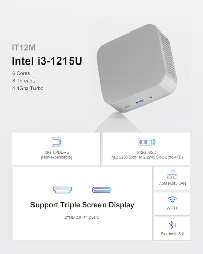 Image of Mini PC Intel Core i3-1215U (6C /8T),(Beats 5500U) 12GB RAM 512GB SSD, Dual M.2 NVMe & SATA, Triple 4K@60Hz, USB-C, WiFi 6 BT5.2, Small Desktop Computer