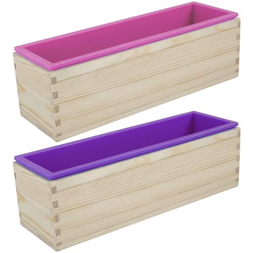 2Pcs 47oz Silicone Soap Molds Kit Flexible Silicone Soap Making Molds Kit Non Stick Soap Silicone Mold with 2 Wooden Boxes and 2 Silicone Inner Molds DIY Supplies for Soap Makin (Pink+Purple)