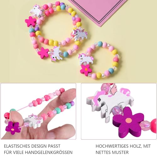 Kinderschmuck Set - Holz Einhorn Armbänder, Halskette und Freundschaftsarmband für Mädchen - Prinzessin Party Mitgebsel
