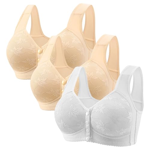 Paquete de 3 brasieres de cierre frontal para mujeres mayores del Reino Unido, talla grande, transpirables, con pechos caídos, sin varillas, push up, para uso diario, súper cómodo, para mujer, beige
