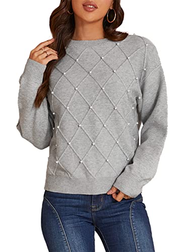 Miessial Women's Crewneck Long Sleeve Pearl Sweater Pullover Fashion Ribbed Knit Sweater Jumper Top Grey Small #TOP13