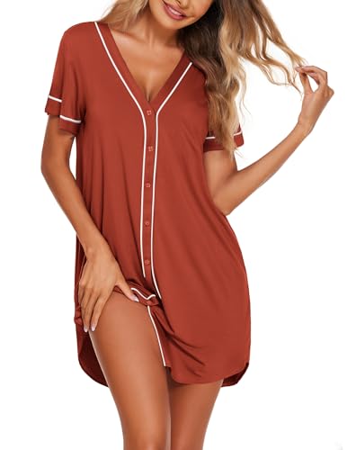 Image of Ekouaer Womens Nightgown Button Down Sleep Shirts Short Sleeve Nightshirt V-Neck Sleepdress Soft Sleepwer