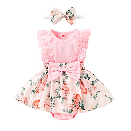 Image of YOUNGER TREE Baby Girl Dresses Newborn Girls Dress Floral Baby Girl Summer Clothes Infant Headband Romper Outfits