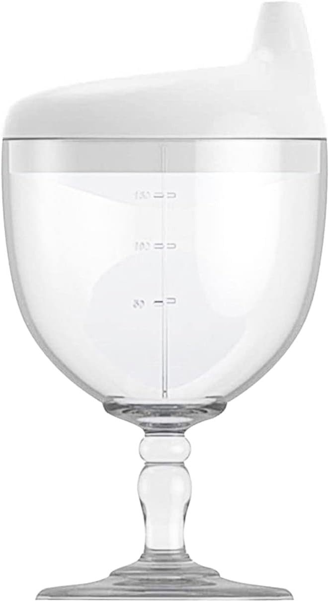 Toddler Sippy Cup, Baby Wine Sippy Cup, Plastic Wine Glass, Spill Proof Baby Goblet, Beverage Mug, No Spill Milk Bottle with Lid, for Kids on Birthday Party Celebration, White