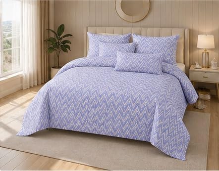Image of 210 TC Glace Cotton Soft Cotton Zig Zag Design Fitted King Size 72x78x10 inches Bedsheet Set - Lightweight & Durable 1 Bed Sheet with 2 Pillowcase 17x27 inches Blue