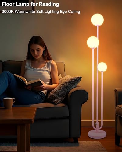 Image of Lightdot 63IN Pink Floor Lamp Mid Century Modern Floor Lamp with 3 Globe 3000K Bulbs Included, 3 Lights U-Style Standing Lamp for Wedding Party /Living Room /Bedroom /Sofa Beside /Corner Decor