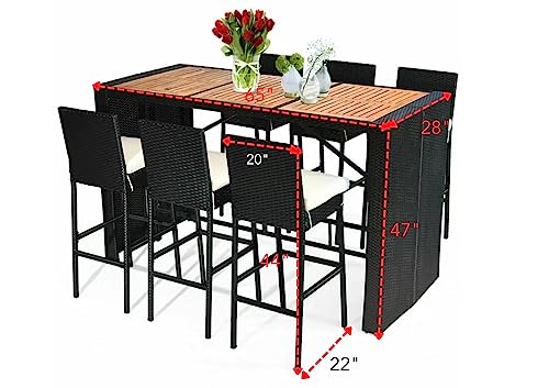 Image of DEVOKO Patio Table and Chairs, All Weather Wicker Outdoor Furniture Bar Dining Set with 6 Chairs and Removable Cushions, Patio Seating Sets for Backyards, Porches, Lawn (Black and White)