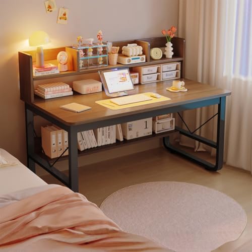 TIMDU 学習机 勉強机 机 一体型のデスクと本棚 下棚付き 学校用作業台 幅100/120/140cm 省スペース 組立簡単 文房具収納 書斎、寝室、賃貸住宅に最適 (ブラック,120*50*72cm)