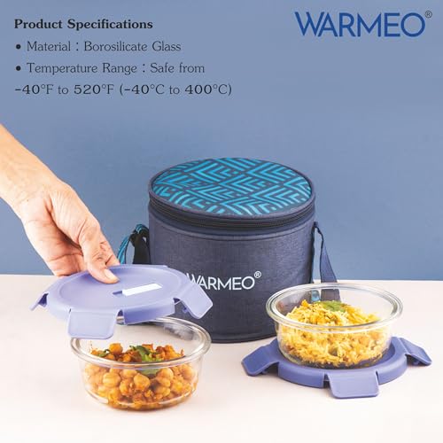 Image of WARMEO BOROFRESH 2 pc Round Borosilicate Glass Container (400 ml Each) | Leakproof, Microwave & Dishwasher Safe Lunch Box with Bag for Office, College & School