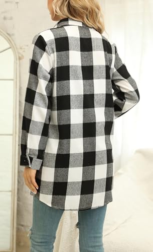 Image of Girls Long Sleeve Flannel Tunic Shirts Button Down Plaid Shirts, Long-Black White Larger Buffalo Plaid, 10-11 Years = Tag 170