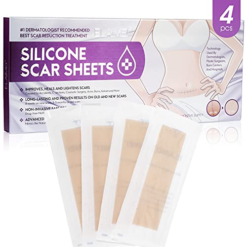Professional Silicone Scar Removal Sheets for Scars Caused by C-Section, Surgery, Burn, Keloid, Acne, and more, Soft Adhesive Fabric Strips, Drug-Free, 5.7 x 1.57 inch, 4 Reusable pcs