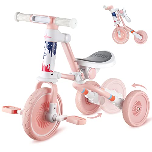 Lipneaed 3 in 1 Toddler Tricycles for 1-4 Years Old Kids, Trike for Boys Girls Baby Balance Bike with Adjustable Seat Height Convertible Rear Wheels and Removable Pedal-Pink