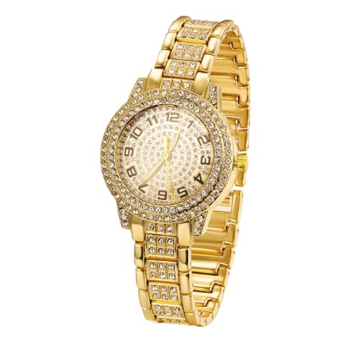 Halukakah Diamonds Gold Watch Iced Out for Boy Teens Kids - 18K Real Gold Plated, Arabic Numerals Round Dial, Japanese Quartz - 7.7