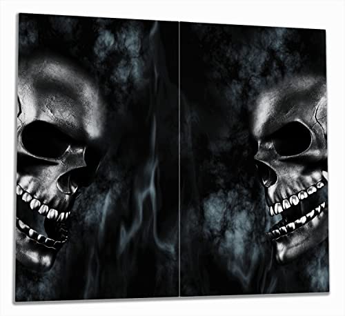 Wallario Herdabdeckplatte/Spritzschutz aus Glas, 2-teilig, 60x52cm, für Ceran- und Induktionsherde, Rauchende Schädel