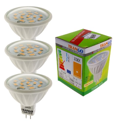 Trango Ensemble de 3 Ampoule LED 6 watts avec culot MR16 3TGMR1615 pour remplacement Ampoule halogène MR16 I GU5.3 I G4 Ampoule 12V 3000K blanc chaud, ampoule à réflecteur, ampoules à LED Cover