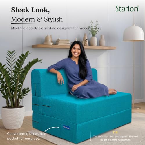 Image of Starlon 1 Seater Sofa Cum Bed Foldable 3-in-1 Sofa Bed with 1 Year Warranty, Washable Jute Fabric Cover | Aqua Teal 3x6 Ft