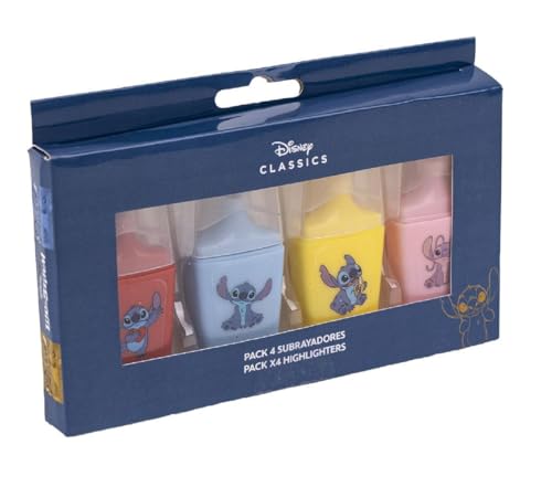CERDÁ LIFE'S LITTLE MOMENTS Lot de 4 Surligneurs Stitch - Format Mini - en Rouge, Bleu, Jaune et Vert - avec Dessins Film Disney - en Plastique ABS - Produit Original Conçu en Espagne