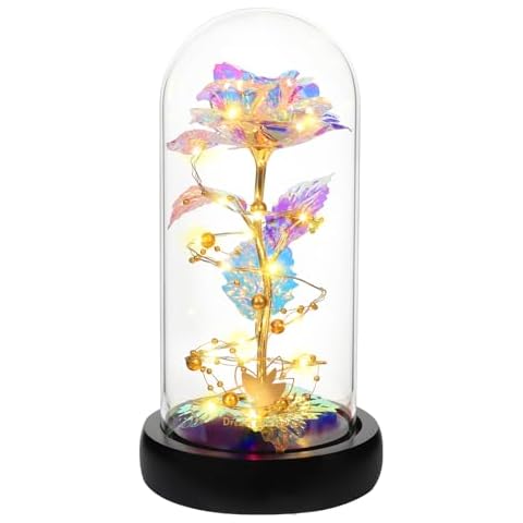 Christmas Rose Gifts for Mom Wife Girlfriend, Gifts for her, Beauty and the Beast Rose in Glass Dome, Colorful LED lights, Lady Birthday Gift for Women, Mothers Day Gifts Cover