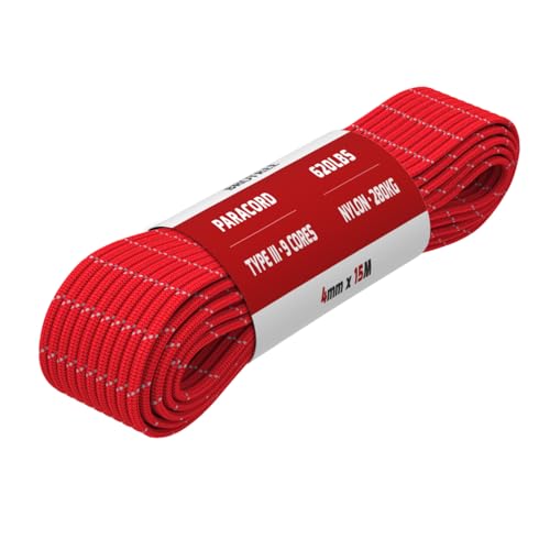Brotree Paracord 4mm 9 Fili 100% Nylon Corda (15m, 30m, 50m) Tipo III Corda da Paracadute per Sopravvivenza, All'aperto, Fatto a Mano - 280kg Carico di Rottura (Riflettente Rosso, 15m)