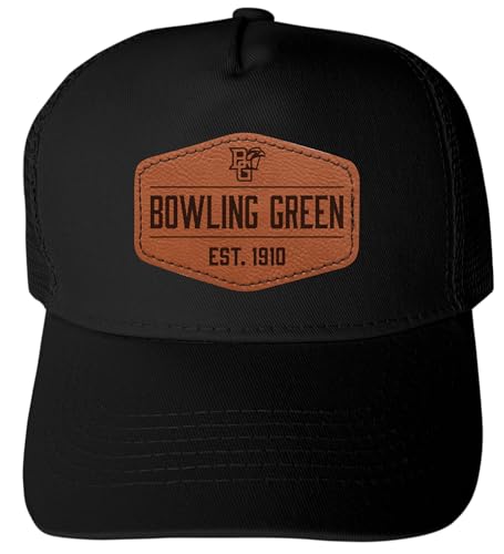 Bowling Green Falcons Officially Licensed - Unisex Trucker Hat with Hexagon Engraved Leather Patch Black