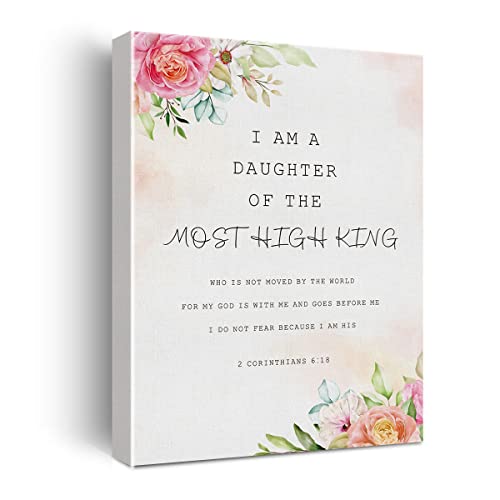 Floral Bible Verse Canvas Print Decor Watercolor I am a Daughter 2 Corinthians 6 : 18 Christian Art Wall Painting Posters 12”X15” Modern Home Office Decoration (Framed)