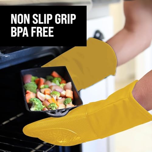 Image of BPA-Free Soft Silicone Oven Mitts - Ultra Heat Resistant Oven Mitts with Thick Cotton Liner - Long Slip Resistant Pot Holders, Flexible Oven Gloves - Yellow 13.7 inch