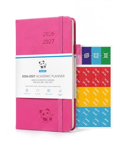 YihurKis Academic Pocket Diary 2026-2027 A6 Slim (15.5x9cm) - 17-Month Weekly & Monthly Planner (Aug 2026-Dec 2027) with Pen Holder Leather Hard Cover Pink
