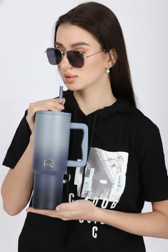 Image of House of Quirk 1200ML Stainless Steel Tumbler with Handle & Lid, 2 Straws - Large Travel Mug Water Cup for Gym, Office & Outdoor Use (Stone Wash)