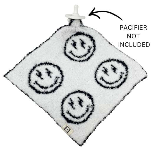Image of L+L USA Smiley Face Baby Lovey Pacifier /Teether Holder 10 inchx10 inch - DreamSoft Plush Fluffy Cuddly Soothie Reversible Mini Comfort Blanket - Cute Newborn Gift Essential Babies Boys and Girls (Black /White)