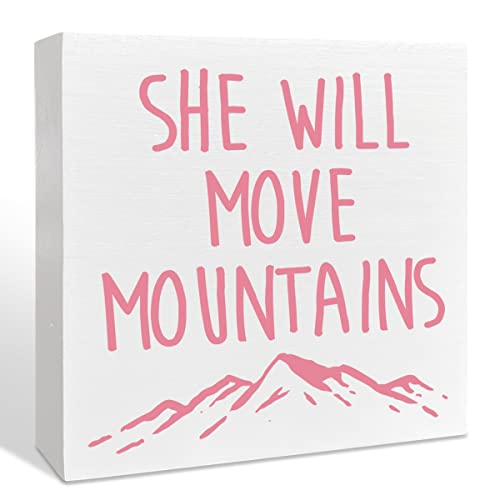 Wooden Box Sign: She Will Move Mountains - Inspirational Girls Room Decor, Motivational Nursery Gift for Baby Showers