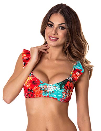 RELLECIGA Women's Blue Floral Straps Ruffles Triangle Bikini Top Size Large