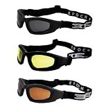 3 paia di occhiali da moto Epoch con montatura nera e lenti ambra giallo fumo