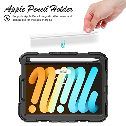 Ipad Mini 6Th Generation 8.3-Inch Case 2021 [With Tempered Glass Screen Protector], Base Mall Shockproof Tablet Protective Case With Pencil Holder, 360° Rotating Kickstand, Hand&Shoulder Strap (Black) #TOP2