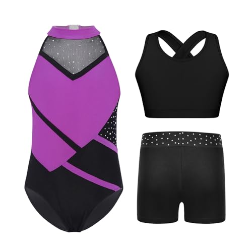 YiZYiF Child Girls Ballet Leotard with Cropped Vest and Shorts 3-Piece Activewear Set Tumbling Outfit Yoga Workout