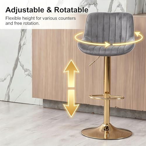 Image of ECHINGLE Velvet Bar Stools Set of 4 - Swivel Counter Height Barstools with Back & Adjustable Height, Modern Gold Kitchen Island Stools for Bar, Armless Pub Stools, Soft Grey Upholstered Seating